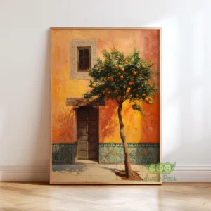 moroccan courtyard wall art, orange tree mediterranean painting, moroccan architecture print